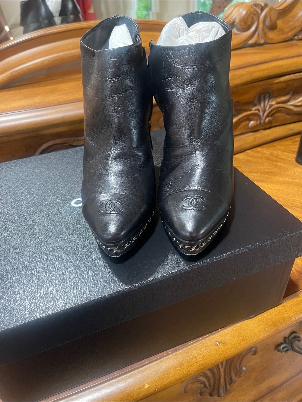 CHANEL Black Leather Pointed Toe Ankle Booties with CC Motif